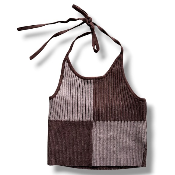 La Hearts Tops - LA Hearts Women S Brown Tan Colorblock Ribbed Knit Halter Crop Top Boho Festival
